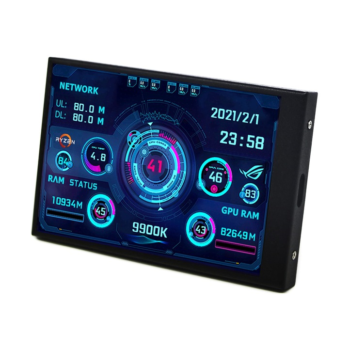 Mini Display Gaming PC IPS 3.5 Inch, Monitorizare Temperatura si Performanta GPU, CPU, SSD, Retea, USB-C