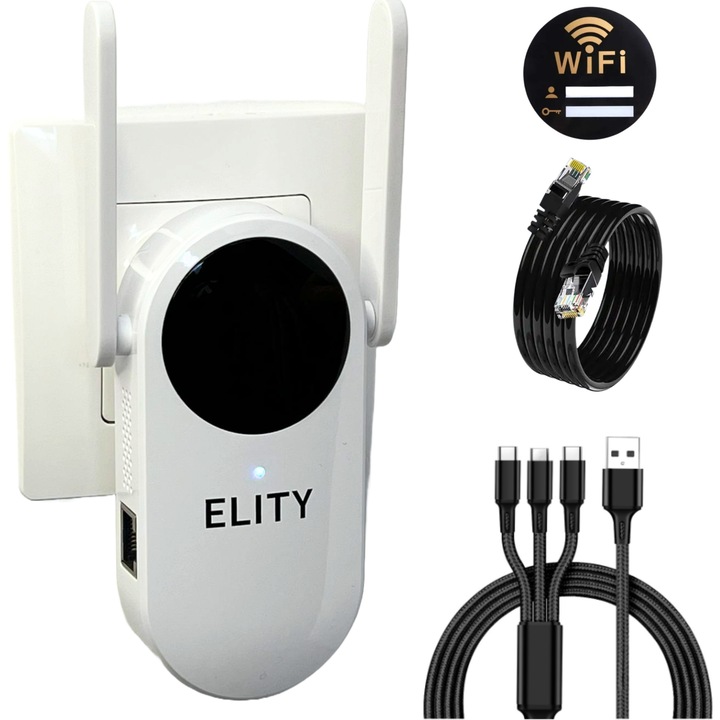Усилвател на безжичен сигнал, ELITY®, WiFi адаптер за разширяване на обхвата, покритие 15 M, система за охлаждане, бърза връзка, честота 2,4 Ghz, скорост 300 Mbps, защита WEP/WPA/WPA2, бял, Ethernet кабел, 3 в 1 бързо зареждане включен кабел