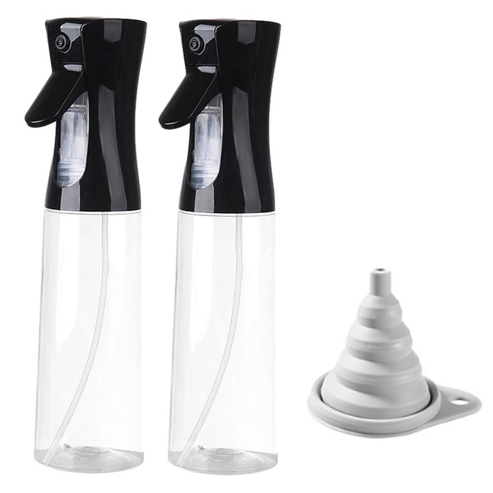 Set 2 pulverizatoare, Axroad Mall, Capacitatea 300 ml, Rezistent la scurgeri, Pulverizare la 360 de grade, Reincarcabile, Design ergonomic, Cu palnii, Pentru ulei, otet sau alte lichide, PET, 58x247x58 mm, Negru