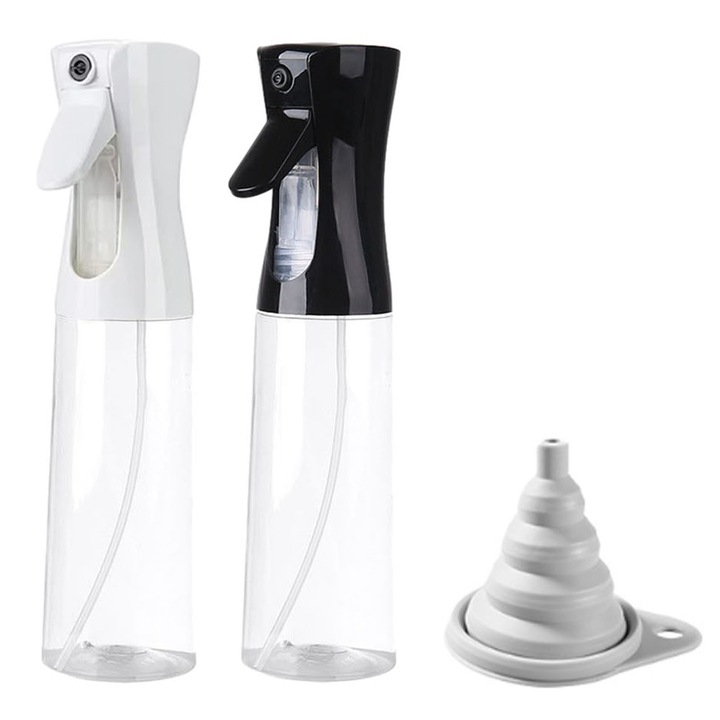 Set 2 pulverizatoare, Axroad Mall, Capacitatea 300 ml, Rezistent la scurgeri, Pulverizare la 360 de grade, Reincarcabile, Design ergonomic, Cu palnii, Pentru ulei, otet sau alte lichide, PET, 58x247x58 mm, Negru/alb
