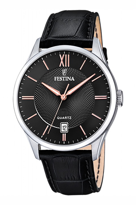 Festina, Часовник с кожена каишка, Сребрист, Черен