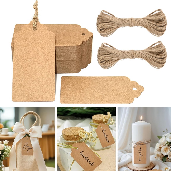 Etichete decorative cu gaura si snur, NUODWELL, 100 Buc, Usor de utilizat si de indepartat, Pentru impachetarea cadourilor, nota, carte de dorinta, felicitare, decor de vacanta, decor de nunta, Hartie kraft, 4 x 8cm, Maro