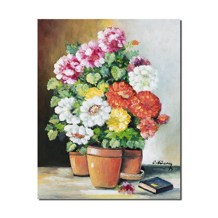 Tablou pictat manual living, dormitor, hol, Aranjament cu bujori si carte, pictura 50x40cm ulei pe panza, gata de expus pe perete