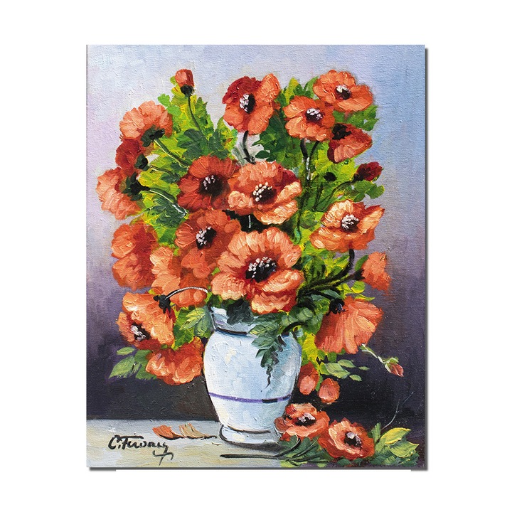 Tablou pictat manual living, dormitor, hol, Vaza cu maci imperiali, pictura 50x40cm ulei pe panza, gata de expus pe perete