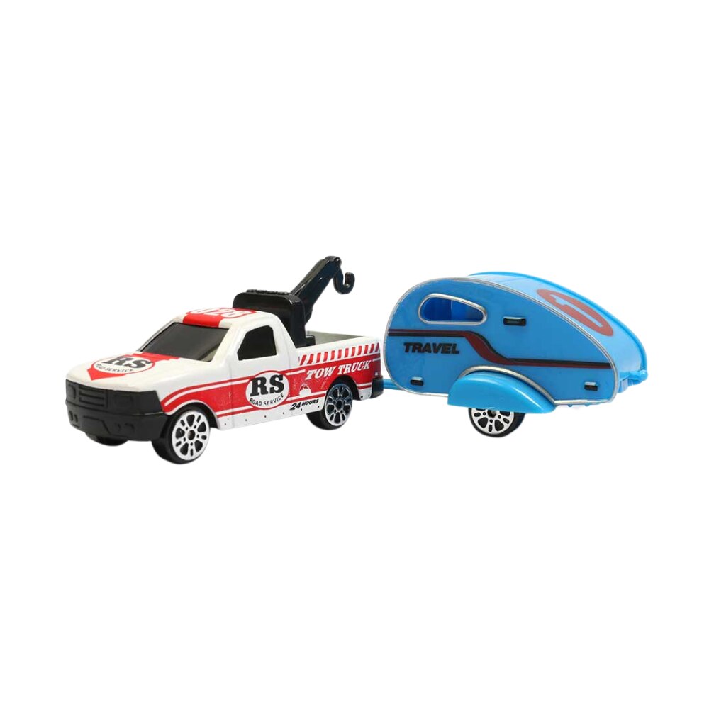 Set masina off-road cu rulota, Diecast, metal si plastic, alb, rosu si ...