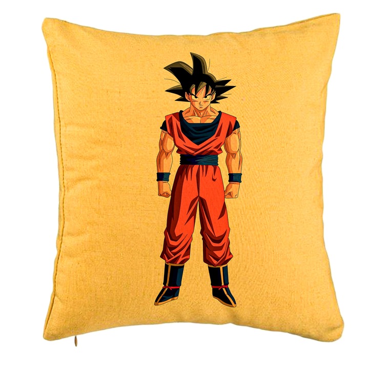 Díszpárna Dragonball Gokuval, 40x40 cm, Sárga, Levehető huzat, Fújtató