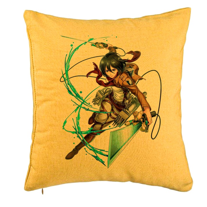 Perna Decorativa cu Attack on Titan Mikasa, 40x40 cm, Galben, Husa Detasabila, Burduf