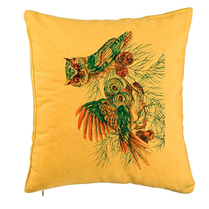 Perna Decorativa de Craciun Bufnita Colorfull, 40x40 cm, Galben, Husa Detasabila, Burduf