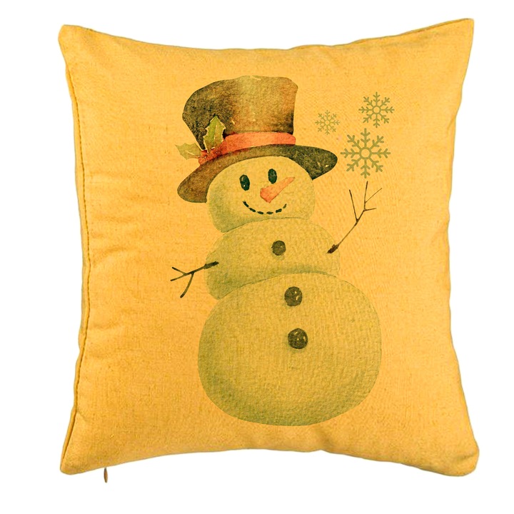 Hóember dekoratív karácsonyi párna, 2, 40x40 cm, sárga, levehető huzat, fújtató