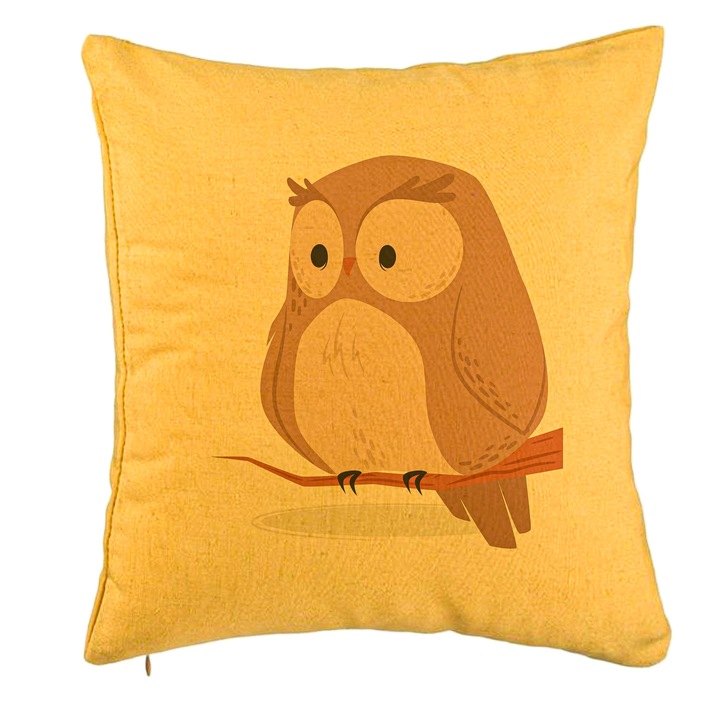 Dekoratív párna, Bagoly mintás, 40x40 cm, Sárga, Levehető huzat, Fújtató