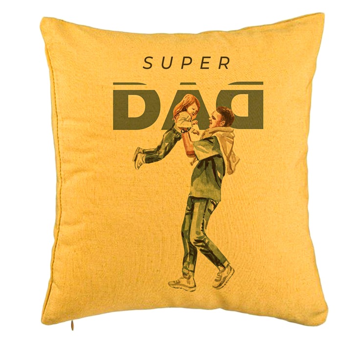 Dekoratív párna, Super Dad Modell, 40x40 cm, Sárga, Levehető huzat, Fújtató
