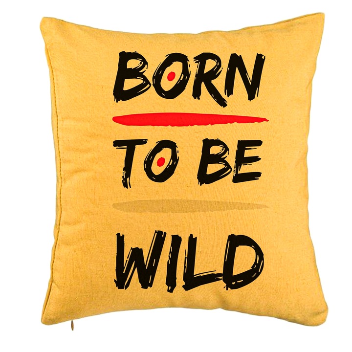 Személyre szabott párna, Born to Be Wild modell, 40x40 cm, sárga, levehető huzat, fújtató