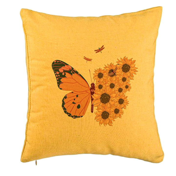 Perna Personalizata, Model SunFlower Butterfly, 40x40 cm, Galben, Husa Detasabila, Burduf