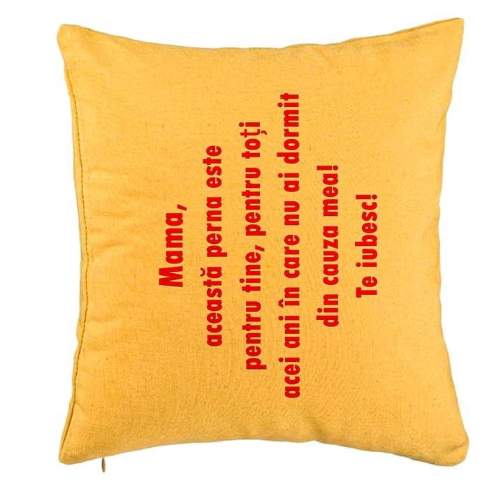 Perna Personalizata, Model Pentru Mama Te iubesc 3, 40x40 cm, Galben, Husa Detasabila, Burduf