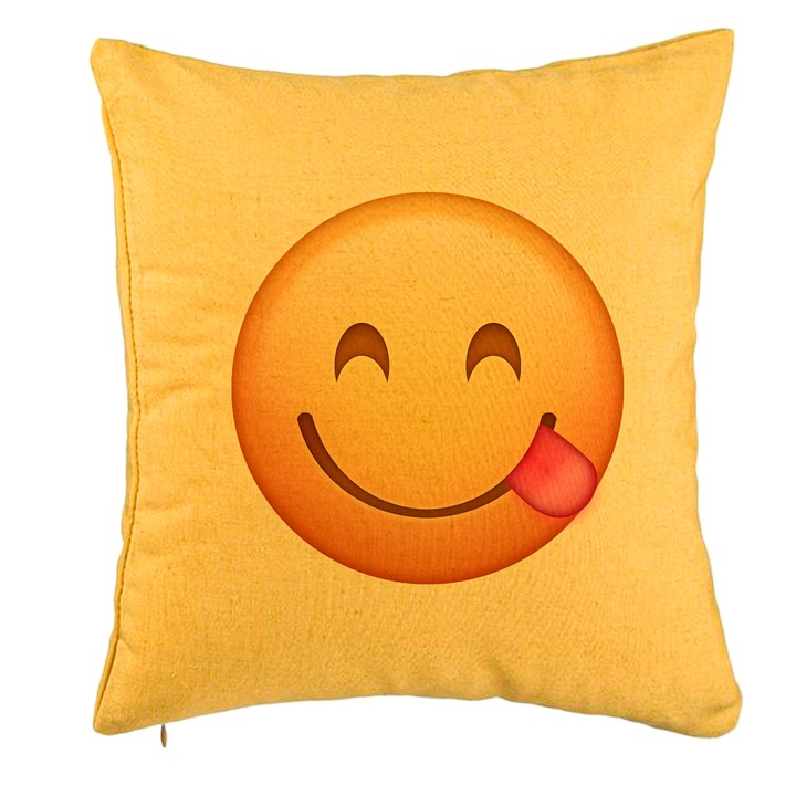 Perna Decorativa, Model Emoji cu Limba, 40x40 cm, Galben, Husa Detasabila, Burduf