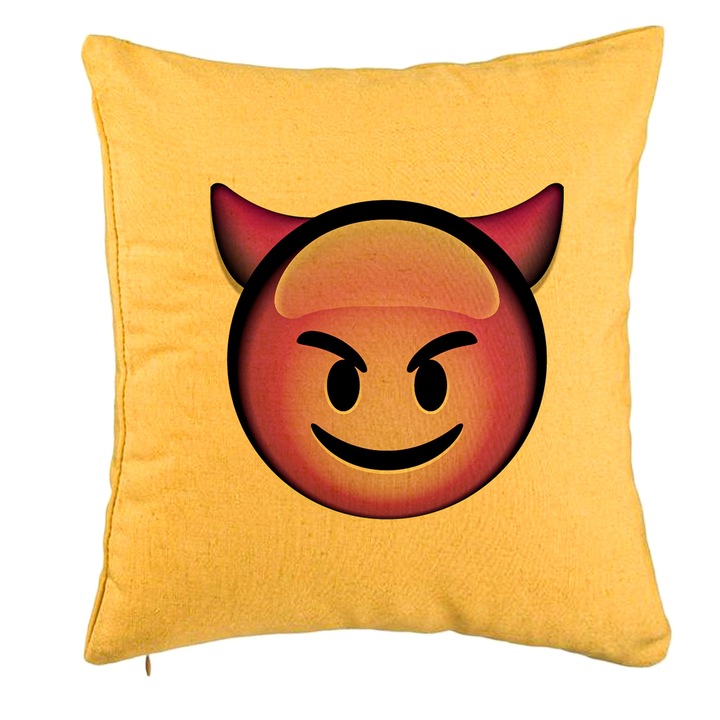 Dekoratív párna, Devil Emoji Modell, 40x40 cm, Sárga, Levehető huzat, Fújtató