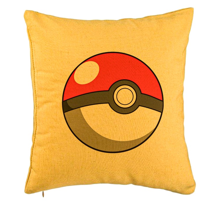 Perna Decorativa, Model copii Pokeball, 40x40 cm, Galben, Husa Detasabila, Burduf