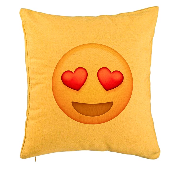 Perna Decorativa, Model Emoji Fata cu Inimi, 40x40 cm, Galben, Husa Detasabila, Burduf