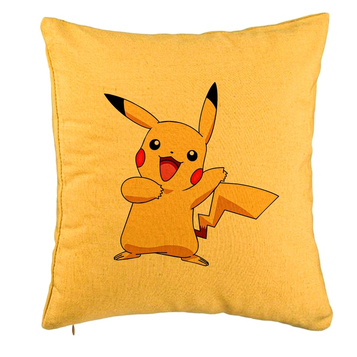 Dekoratív párna, Gyermek Pikachu Modell, 40x40 cm, Sárga, Levehető huzat, Fújtató