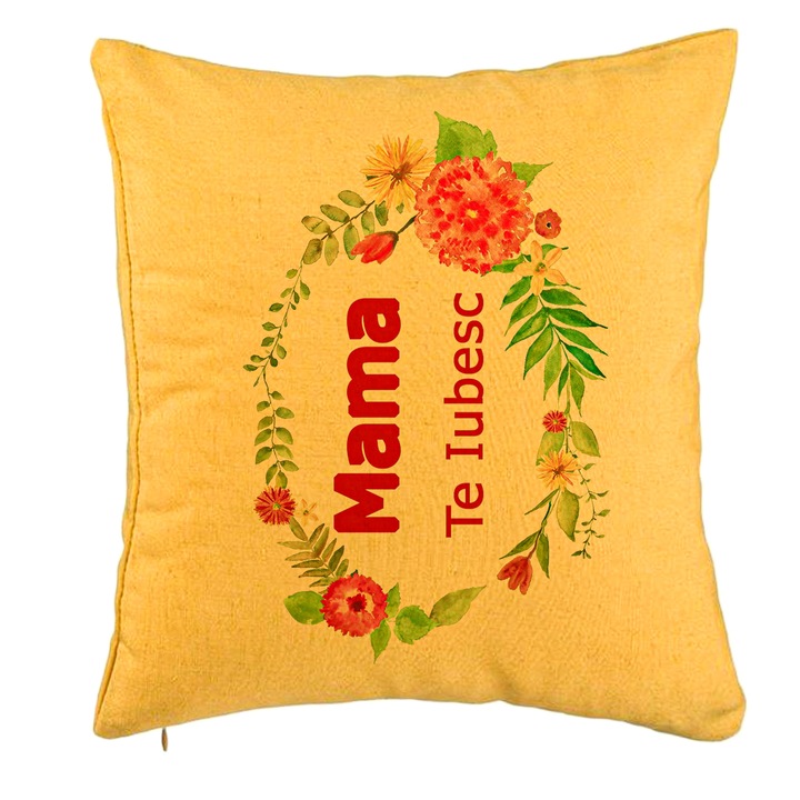 Perna Decorativa, Model Pentru Mama Te iubesc 2, 40x40 cm, Galben, Husa Detasabila, Burduf