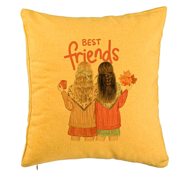 Perna Decorativa, Model Best Friends, 40x40 cm, Galben, Husa Detasabila, Burduf