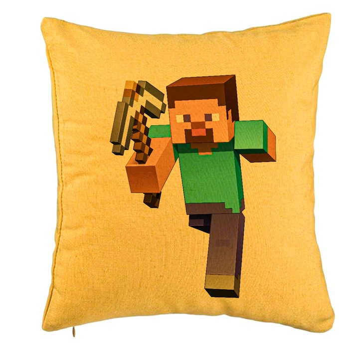 Perna Decorativa, Model Minecraft Mining Steve 8bit, 40x40 cm, Galben, Husa Detasabila, Burduf