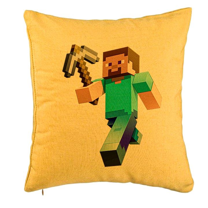 Perna Decorativa, Model Minecraft Mining Steve, 40x40 cm, Galben, Husa Detasabila, Burduf