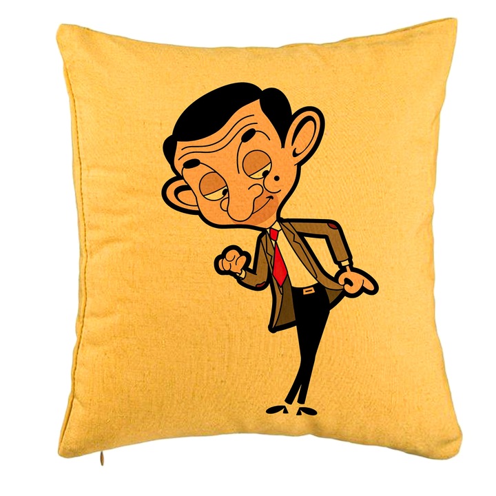 Dekoratív párna, Mr Bean modell, 40x40 cm, sárga, levehető huzat, fújtató