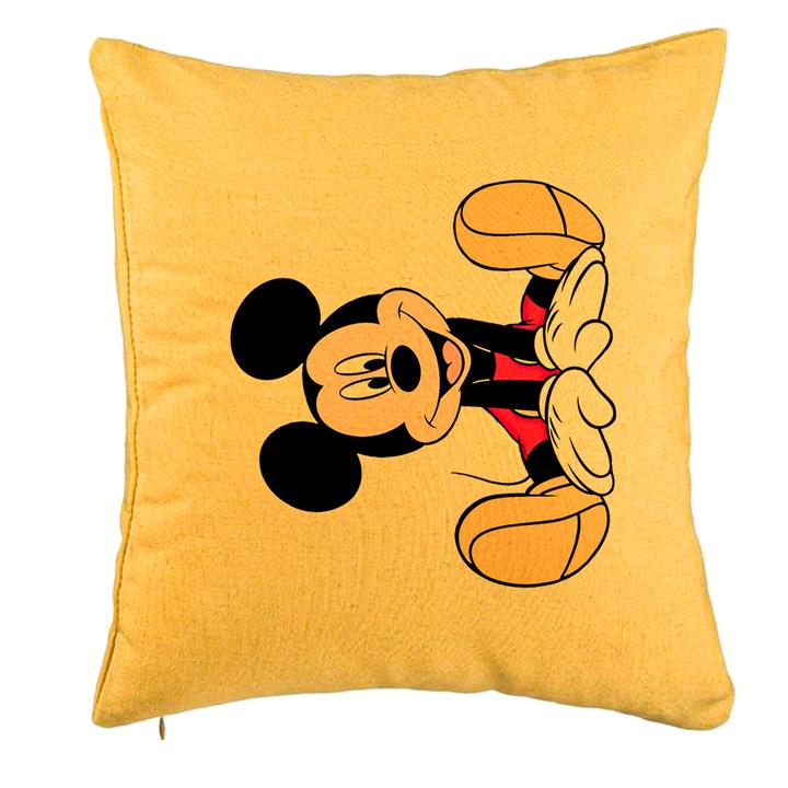 Perna Decorativa, Model copii Mickey Mouse, 40x40 cm, Galben, Husa Detasabila, Burduf