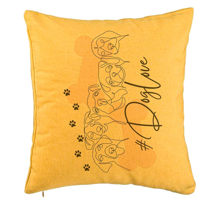 Perna Personalizata, Model Dog Love, 40x40 cm, Galben, Husa Detasabila, Burduf