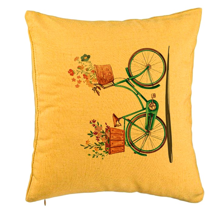 Perna Personalizata, Model Bicicleta Floarala, 40x40 cm, Galben, Husa Detasabila, Burduf