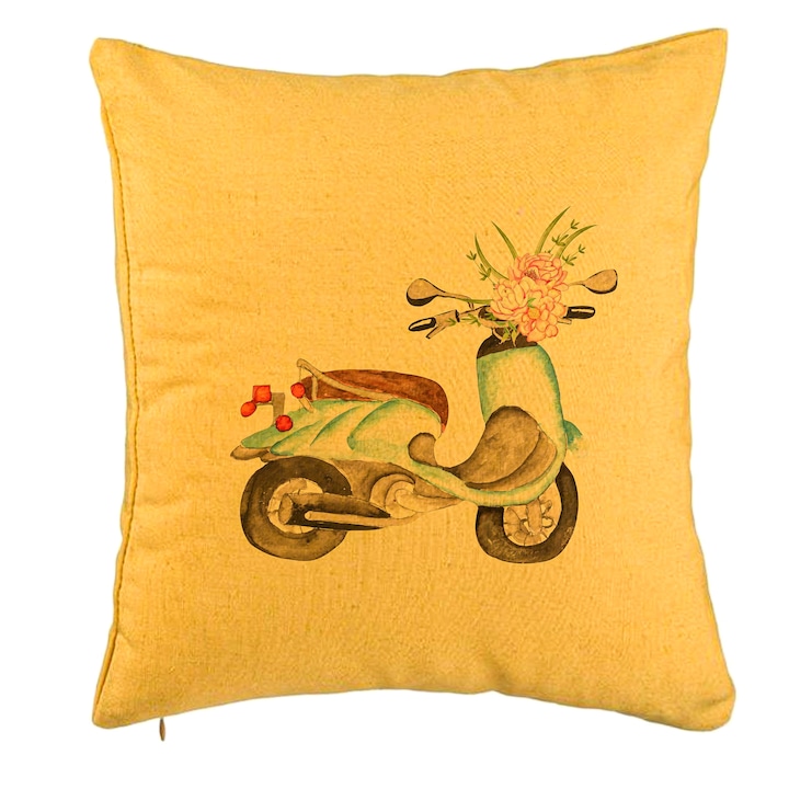 Perna Decorativa, Model Flower Bike, 40x40 cm, Galben, Husa Detasabila, Burduf