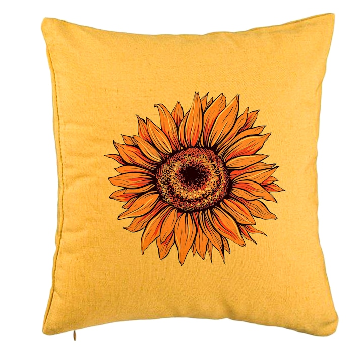 Декоративна възглавница, модел слънчеви цветя, 40x40 см, жълта, подвижна калъфка, духало