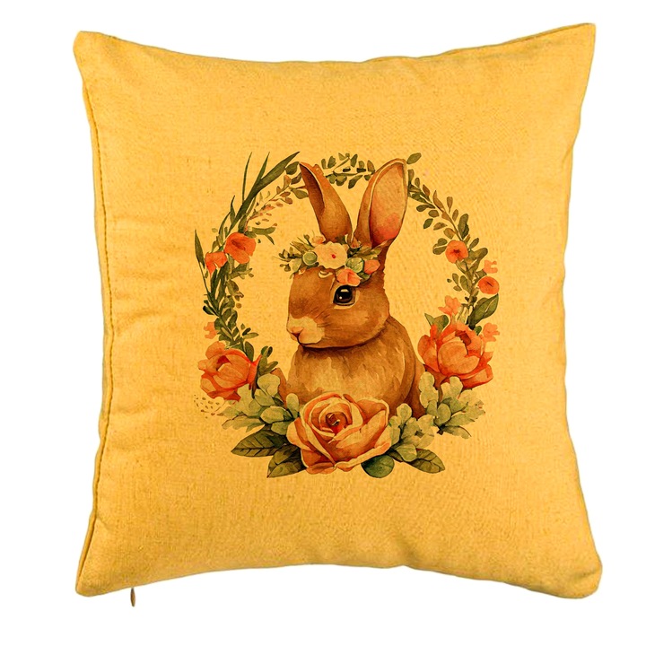 Perna Decorativa, Model Iepuras cu Coronita Florala, 40x40 cm, Galben, Husa Detasabila, Burduf
