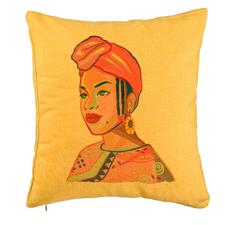 Perna Personalizata, Model African Style, 40x40 cm, Galben, Husa Detasabila, Burduf