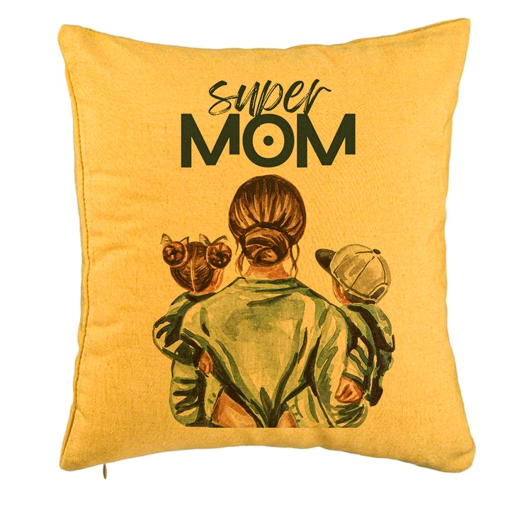 Perna Personalizata, Model Super Mom, 40x40 cm, Galben, Husa Detasabila, Burduf