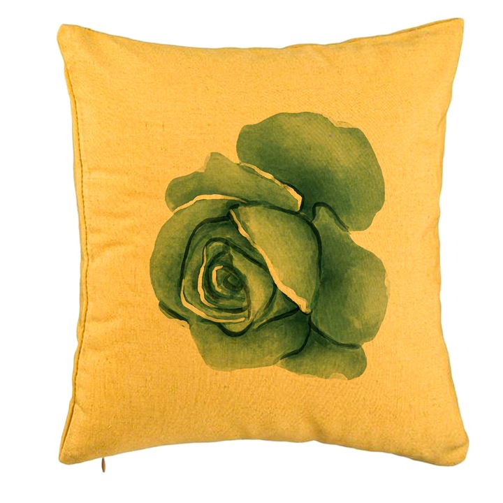 Perna Personalizata, Model Florale Trandafir Galbenstru, 40x40 cm, Galben, Husa Detasabila, Burduf