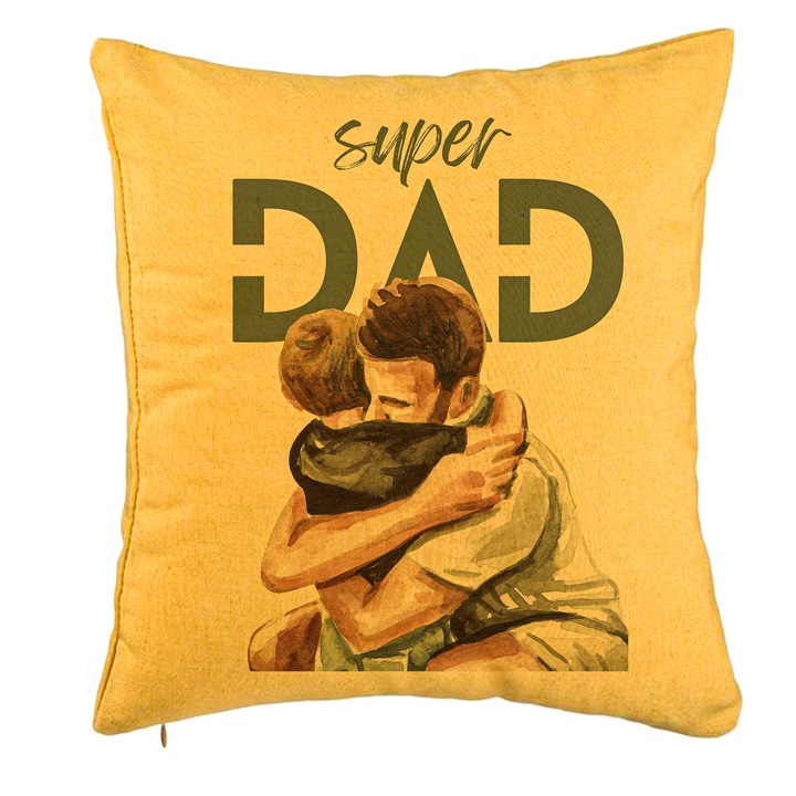 Perna Decorativa, Model Super Dad Baieti, 40x40 cm, Galben, Husa Detasabila, Burduf