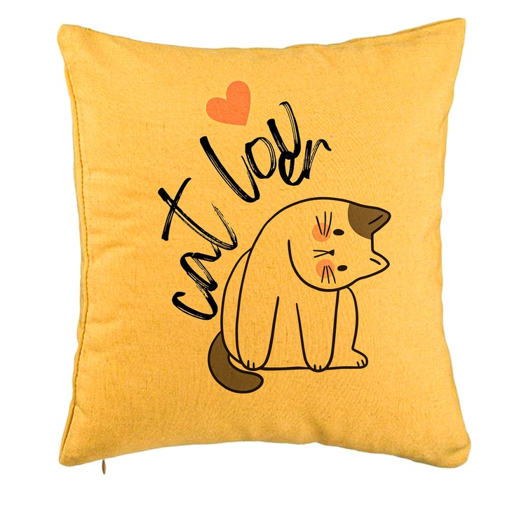 Perna Personalizata, Model Cat Lover, 40x40 cm, Galben, Husa Detasabila, Burduf