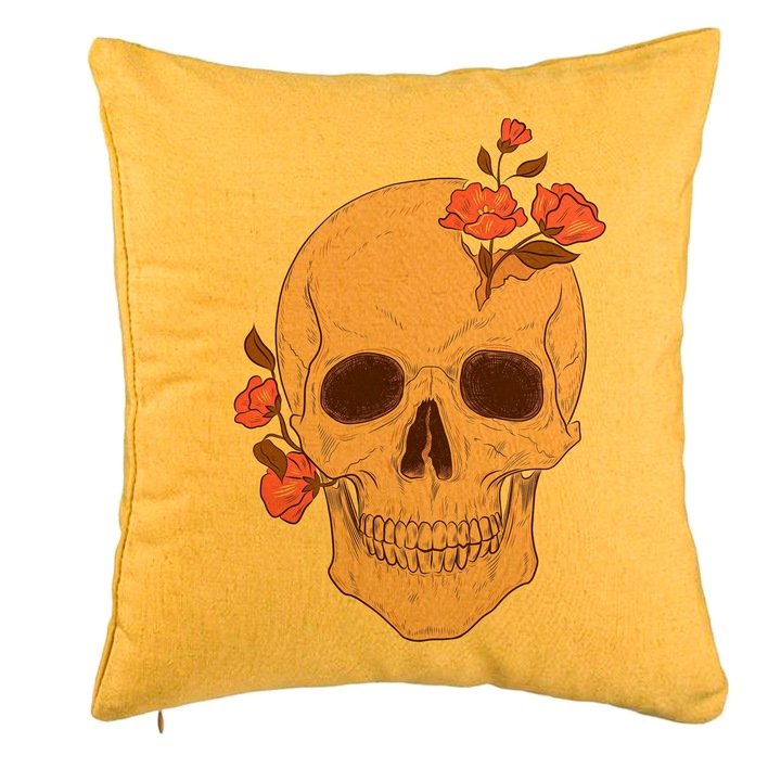 Dekoratív párna, Skull Rose Art Modell, 40x40 cm, Sárga, Levehető huzat, Fújtató
