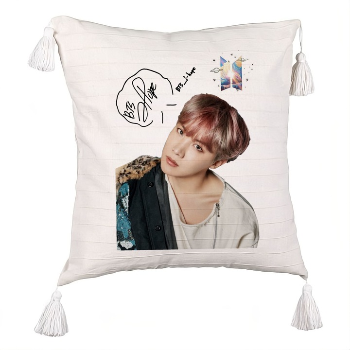 Perna Decorativa cu Franjuri BTS J-hope, 40x40 cm, Ecru, Cu fermoar