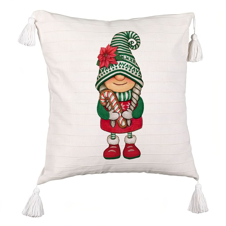 Karácsonyi témájú rojt díszpárna, Gnome 5, 40x40 cm, Ecru, Cipzárral