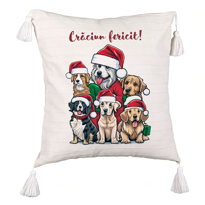 Perna Decorativa cu Franjuri de Craciun cu Catelusi si Text, 40x40 cm, Ecru, Cu fermoar