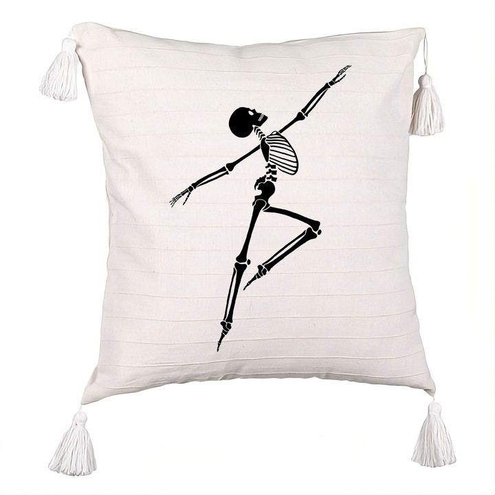 Perna Decorativa cu Franjuri cu motiv Sechelet de Halloween 3, 40x40 cm, Ecru, Cu fermoar