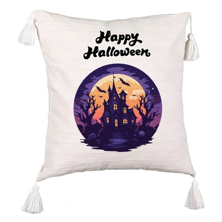 Perna Decorativa cu Franjuri cu motiv de Halloween si Text, 40x40 cm, Ecru, Cu fermoar