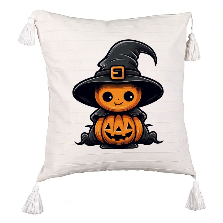 Perna Decorativa cu Franjuri cu motiv de Halloween 1, 40x40 cm, Ecru, Cu fermoar