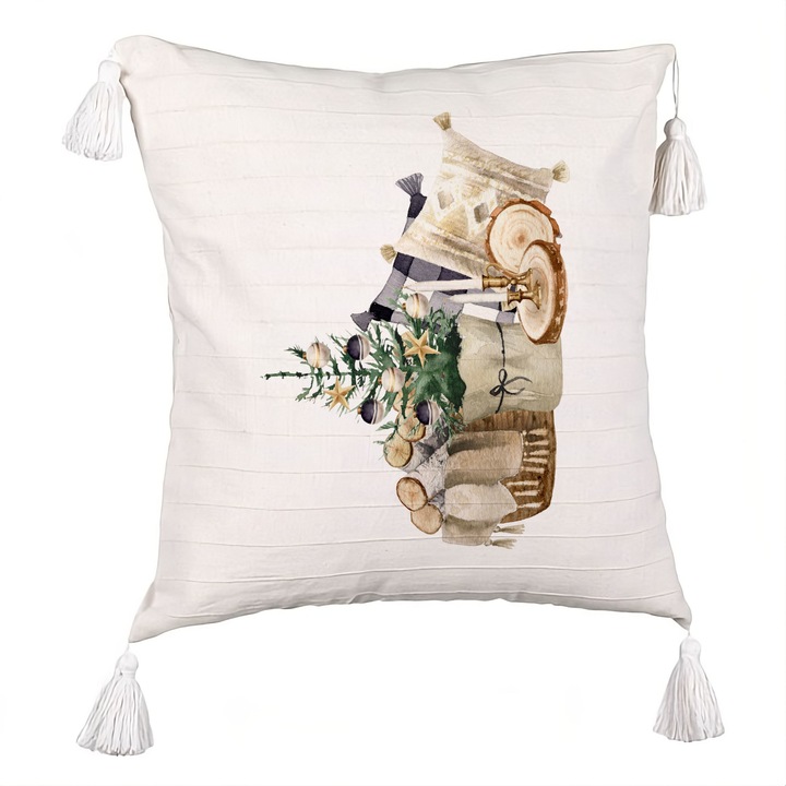 Perna Decorativa cu Franjuri cu tematica de Craciun, 17, 40x40 cm, Ecru, Cu fermoar