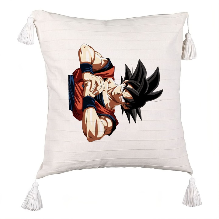 Perna Decorativa cu Franjuri cu Dragonball Goku 2, 40x40 cm, Ecru, Cu fermoar
