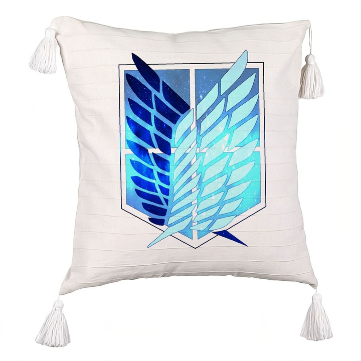 Perna Personalizata cu Franjuri cu Attack on Titan Symbol, 40x40 cm, Ecru, Cu fermoar