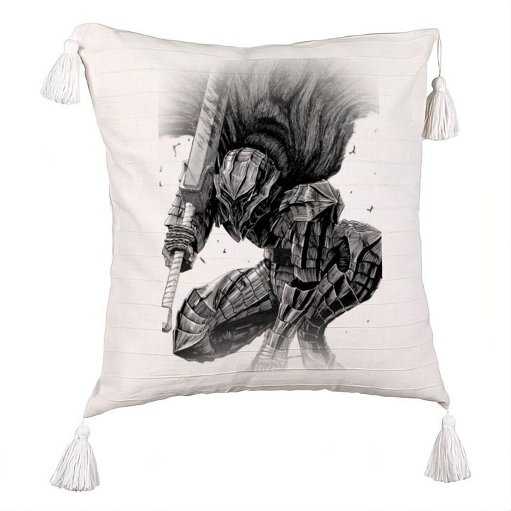 Perna Decorativa cu Franjuri cu Berserk, 40x40 cm, Ecru, Cu fermoar